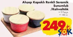 AHŞAP KAPAKLI RENKLİ SERAMİK SUNUMLUK/KAHVALTILIK 9 PARÇA 185 CC
